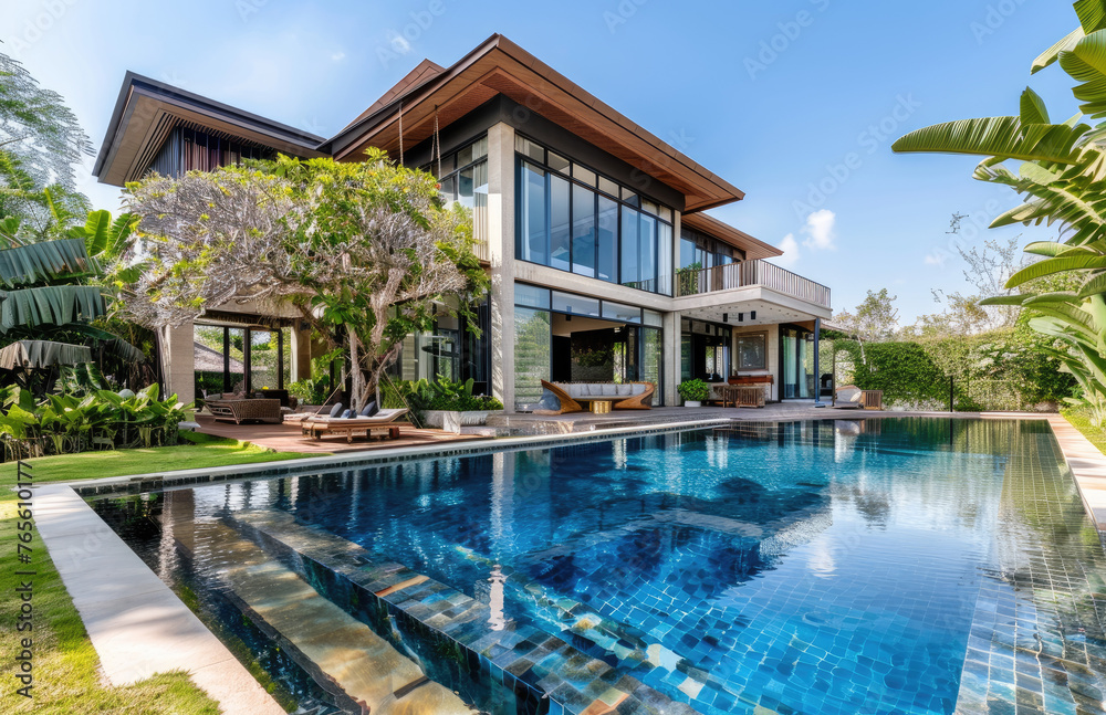Modern minimalist villa with pool with plants and swimming pool in front of the house. Luxury home property for vacation or real estate for sale on tropical island near beach