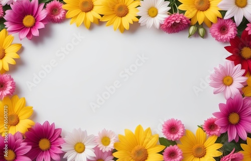 frame of colorful flowers isolated on white background