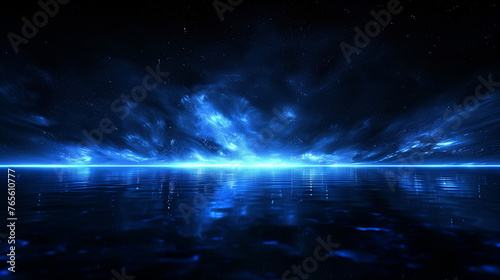 black backdrop highlighted by a brilliant blue streak and an eruption of dazzling light