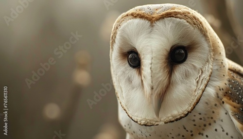 Detailed close-up of a barn owl's face, highlighting its captivating eyes and feathers