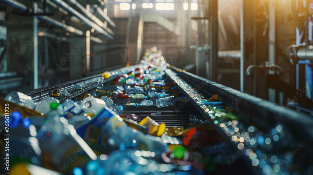 Naklejka premium Conveyor belt in a recycling facility efficiently channels a stream of mixed recyclables.
