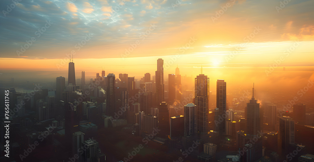 A panoramic view of a city skyline at sunrise