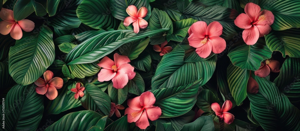 Fototapeta premium A cluster of pink flowers is surrounded by lush green leaves in a vibrant garden setting.