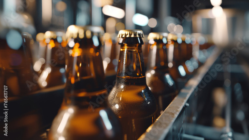 A line of frosty beer bottles awaits in a brewery  with a bokeh of lights hinting at the bustle.