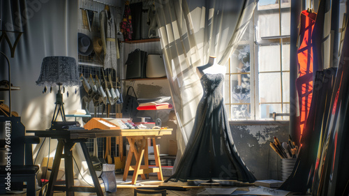 Artistic dressmaker's studio with a dazzling dress highlighted by sunlight piercing through curtains.
