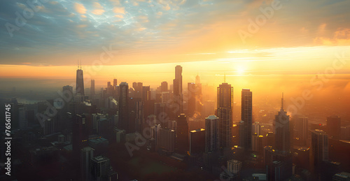 A panoramic view of a city skyline at sunrise