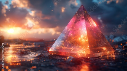 A pyramid made of colorful glass, threedimensional effect, light reflection and refraction effects, gradient background photo