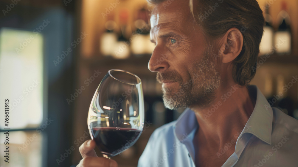 A sophisticated man savoring a glass of red wine in a cozy ambiance.