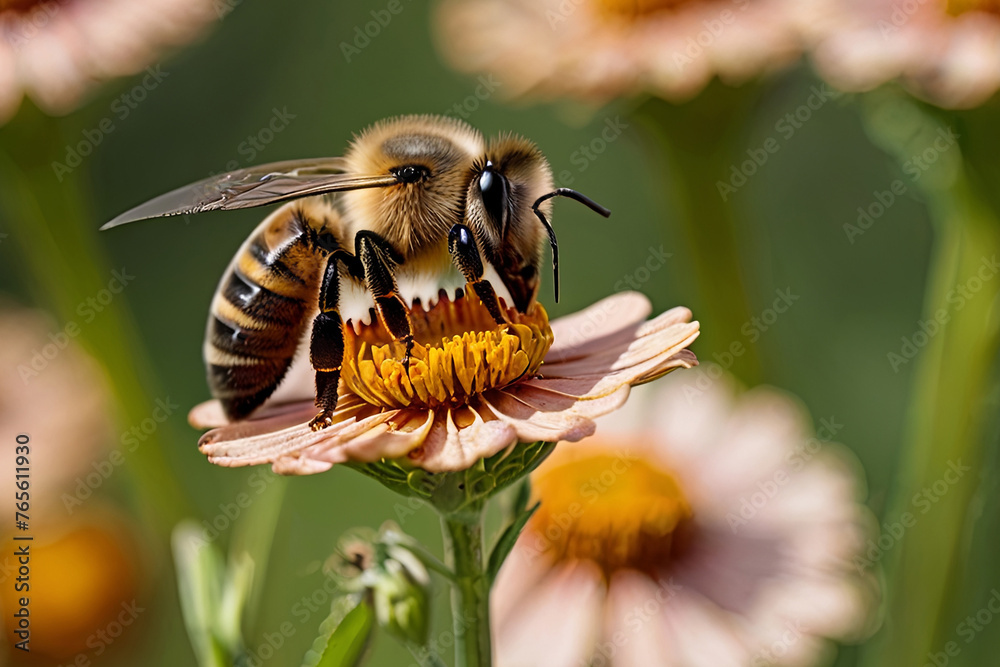 Bee pollinating vibrant helenium flowers in close-up. Nature's beauty captured in stunning detail. Bee pollinating vibrant helenium flowers in close-up. Nature's beauty captured in stunning detail.