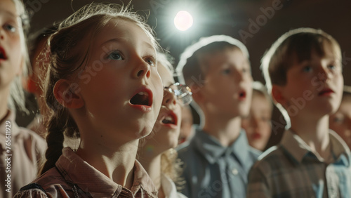 Children in a choir singing with expression under a spotlight, showcasing youthful talent. photo