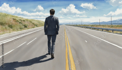 Watercolor illustration of a back view of a man in a suit walking on the road