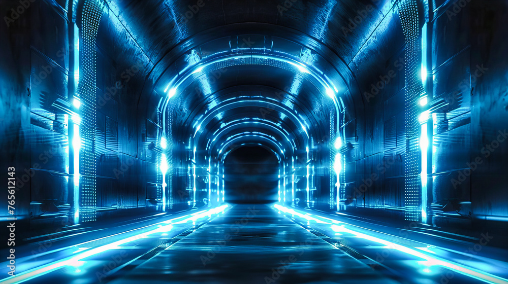 Futuristic tunnel illuminated by blue neon lights, representing high-speed technology and digital motion in a dark, abstract space