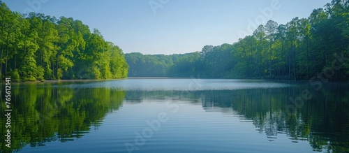 A large body of water reflecting the greenery of surrounding trees  creating a picturesque scene in nature.