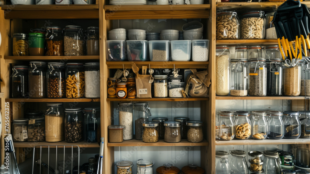 Organized pantry shelves packed with various labeled jars of food essentials.