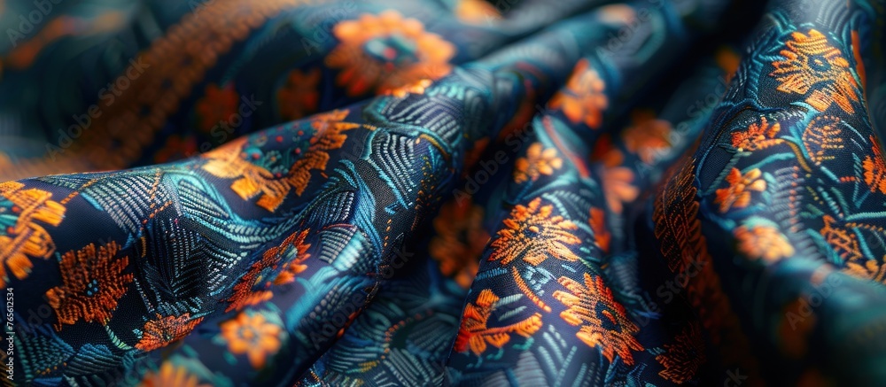 Detailed look at a luxurious blue and orange patterned fabric. Detailed look at a luxurious blue and orange patterned fabric.