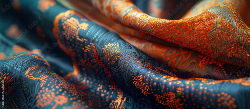 Detailed close up of a blue and orange scarf, showcasing the intricate patterns and textures of the luxurious fabric. Detailed close up of a blue and orange scarf, showcasing the intricate patterns and textures of the luxurious fabric.