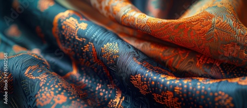 Detailed close up of a blue and orange scarf, showcasing the intricate patterns and textures of the luxurious fabric.