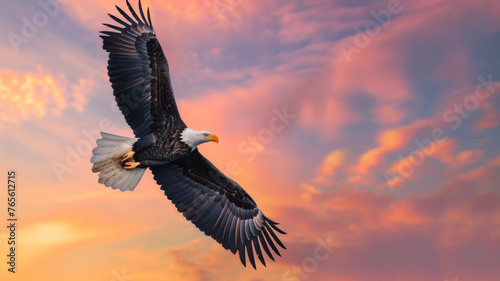 Majestic bald eagle soaring against a vibrant sunset sky.