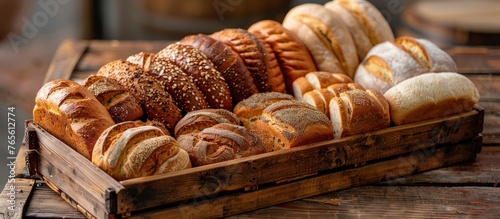 Various types of bread, including baguettes, rolls, and loaves, arranged on a wooden tray.