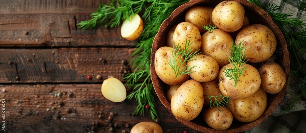 A wooden bowl filled with fresh organic potatoes garnished with dill herbs, placed on a wooden table. A wooden bowl filled with fresh organic potatoes garnished with dill herbs, placed on a wooden table.