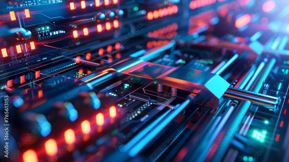 Luminescent circuitry boards weave a high-tech tapestry in hues of blue and red.