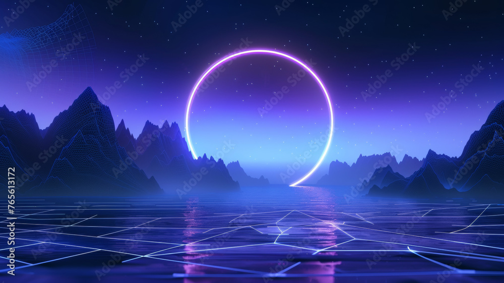 Ethereal neon circle looms over digital landscape against a cosmic starlit sky.