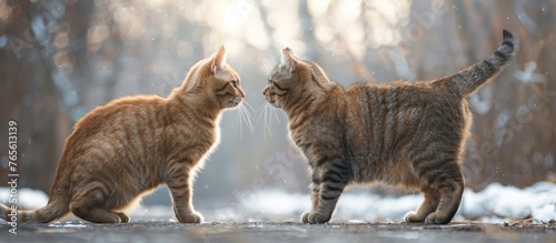 A pair of felines, both standing upright next to each other.
