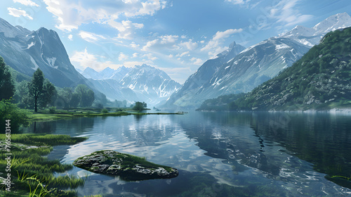 A panoramic view of a tranquil lake surrounded by mountains