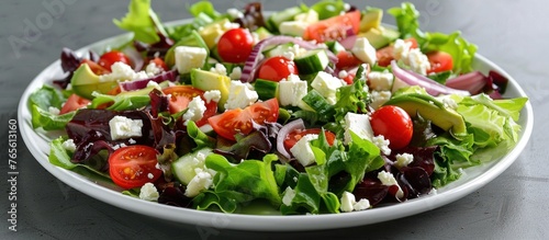 A vibrant salad featuring fresh lettuce, juicy tomatoes, crisp cucumber slices, and crumbled feta cheese.