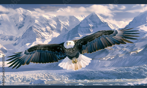 A bald eagle spreads it wings and soars high above the snow-capped mountains near Homer, Alaska on the Kenai Peninsula. 