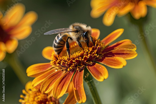 Bee  pollinating vibrant helenium flowers in close-up. Nature s beauty captured in stunning detail. 