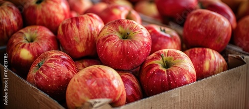 A cardboard box is overflowing with ripe, red apples. The apples are piled high, creating a vibrant and abundant display of fresh produce. photo