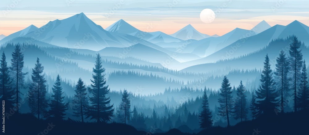 A painting depicting a majestic mountain landscape with dense trees in the foreground. The towering peaks dominate the scene, while the rich greenery adds depth and contrast.