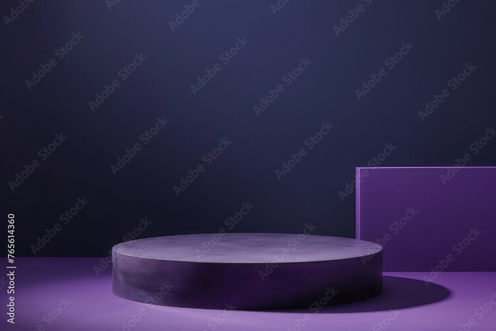 This product branding shot shows a cylindrical platform against a dark purple background. Realistic with natural light to create contrast This product branding shot shows a cylindrical platform against a dark purple background. Realistic with natural light to create contrast