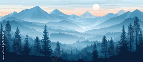 A painting depicting a majestic mountain landscape with dense trees in the foreground. The towering peaks dominate the scene, while the rich greenery adds depth and contrast. © FryArt Studio