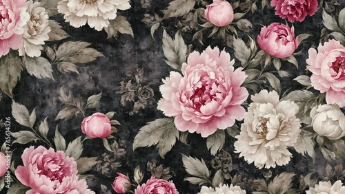 Animated background with baroque flowers on a black background, moody muted colors. Stop motion animated background.	 photo