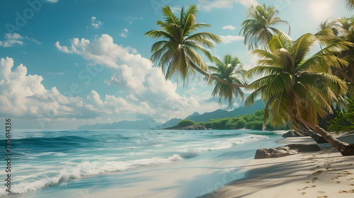 A picturesque beach scene with palm trees swaying