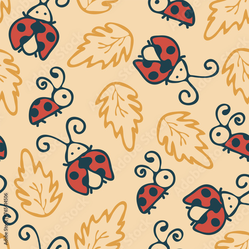 Seamless vector pattern with cute ladybugs on yellow background. Simple hand drawn insect wallpaper design. Decorative children summer fashion textile.