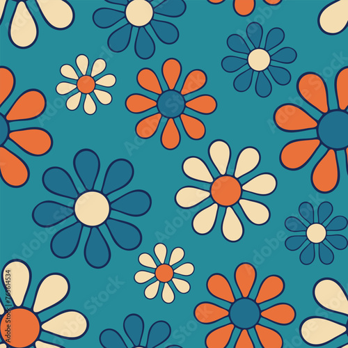 Seamless vector pattern with retro daisy flowers on blue background. Simple groovy floral wallpaper design. Decorative hippies meadow fashion textile.