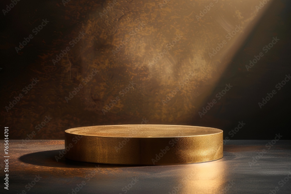 This product branding shot shows a cylindrical platform against a dark gold background. Realistic with natural light to create contrast This product branding shot shows a cylindrical platform against a dark gold background. Realistic with natural light to create contrast