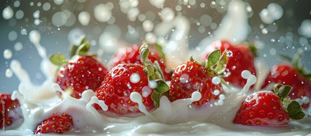 Ripe strawberries cascading into white milk with splashes, creating dynamic movement and interaction. Ripe strawberries cascading into white milk with splashes, creating dynamic movement and interaction.