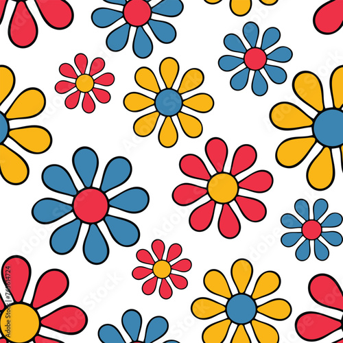 Seamless vector pattern with retro flower blooms on white background. Simple colourful floral wallpaper design. Decorative happy flower meadow fashion textile.