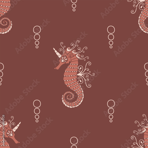Seamless vector pattern with seahorse on brown background. Simple modern unicorn wallpaper design. Decorative fantasy horse fashion textile.