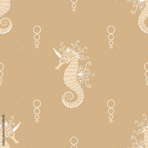 Seamless vector pattern with seahorse on yellow background. Simple sea unicorn wallpaper design. decorative fantasy fashion textile.