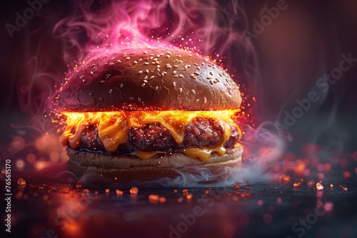 Surreal burger with neon pink and blue hues dripping cheese on a levitating bun  photo