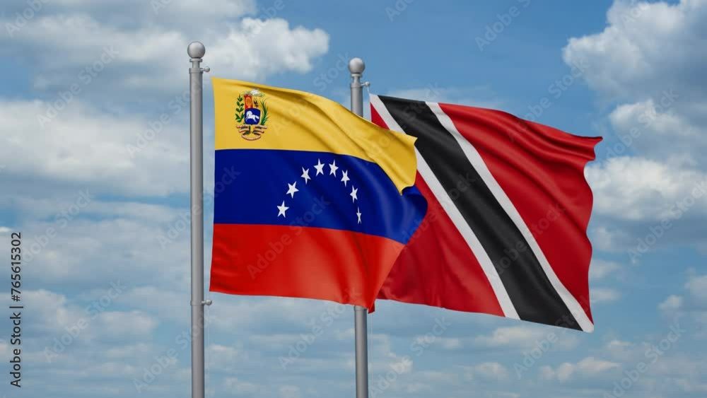 Trinidad and Tobago and Venezuela two flags waving together, looped video, two country cooperation concept Trinidad and Tobago and Venezuela two flags waving together, looped video, two country cooperation concept