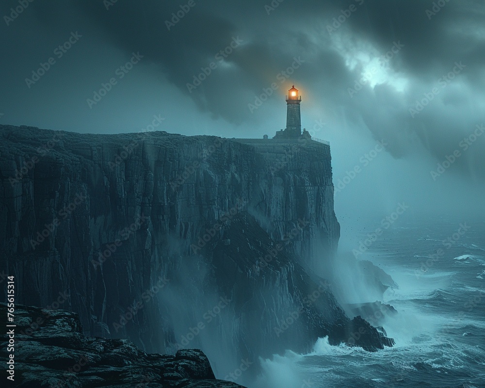 Lighthouse on rugged cliff, stormy seas below, moody skies, twilight, coastal beacon , graphic design