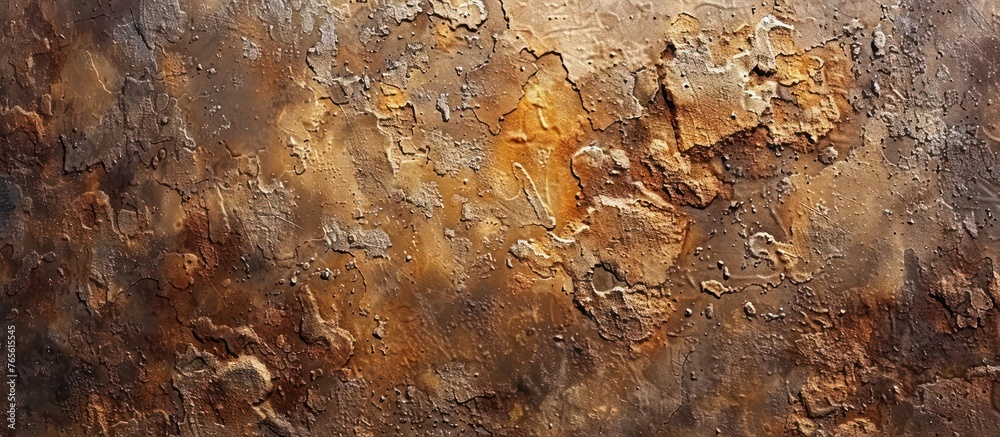 Close-up view of a brown, dirty wall with various patches of rust covering the metal surface. The rust appears in different shades, creating a rugged and worn appearance.