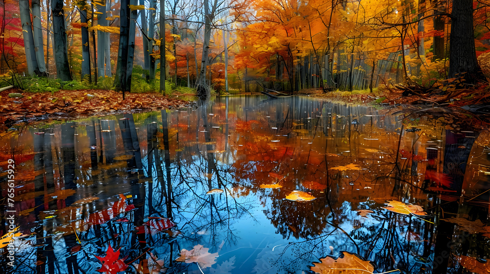 A serene forest pond reflecting colorful autumn foliage