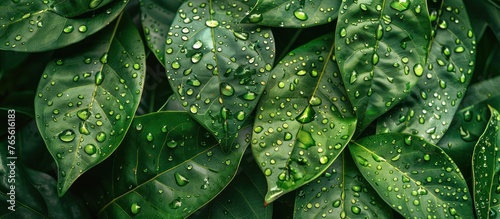 Close-up of vibrant green soursop leaves covered in glistening water drops, reflecting light and showcasing natures beauty.